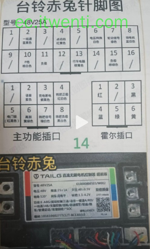 【台铃】赤兔 / 48V25A 控制器针脚定义图 | 接线图