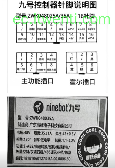 【九号】ZWK048035A / 25A 控制器针脚定义图 | 接线图