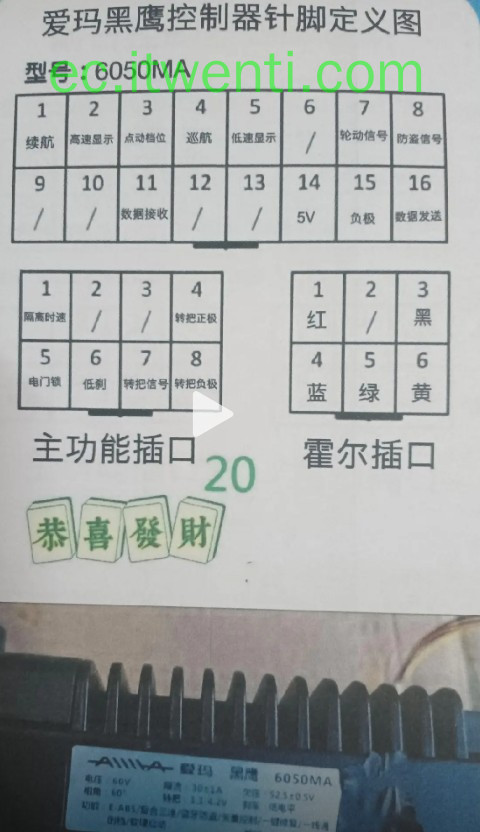 【爱玛】黑鹰 / 6050MA 控制器针脚定义图 | 接线图