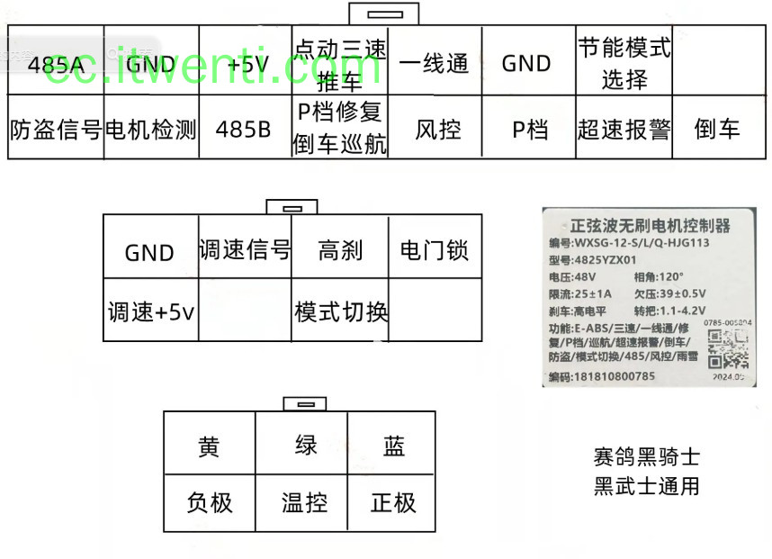 【赛鸽】黑骑士 4825YZX01 控制器针脚定义图 | 接线图