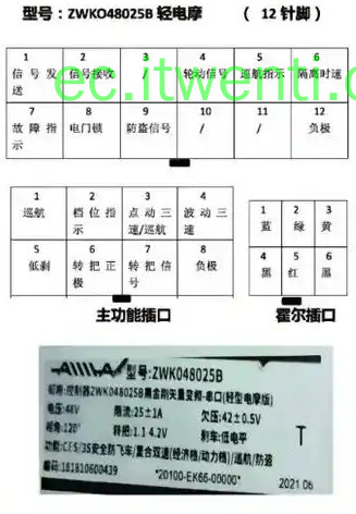 【爱玛】ZWK048025B / 轻型电摩 控制器针脚定义图 | 接线图