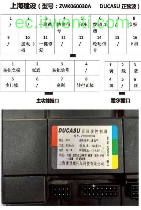 【上海建设】DUCASU 正弦波 / ZWK060030A 控制器针脚定义图 | 接线图