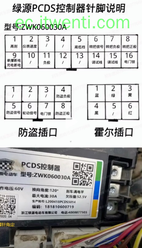 【绿源】ZWK060030A / PCDS / 60v 控制器针脚定义图 | 接线图