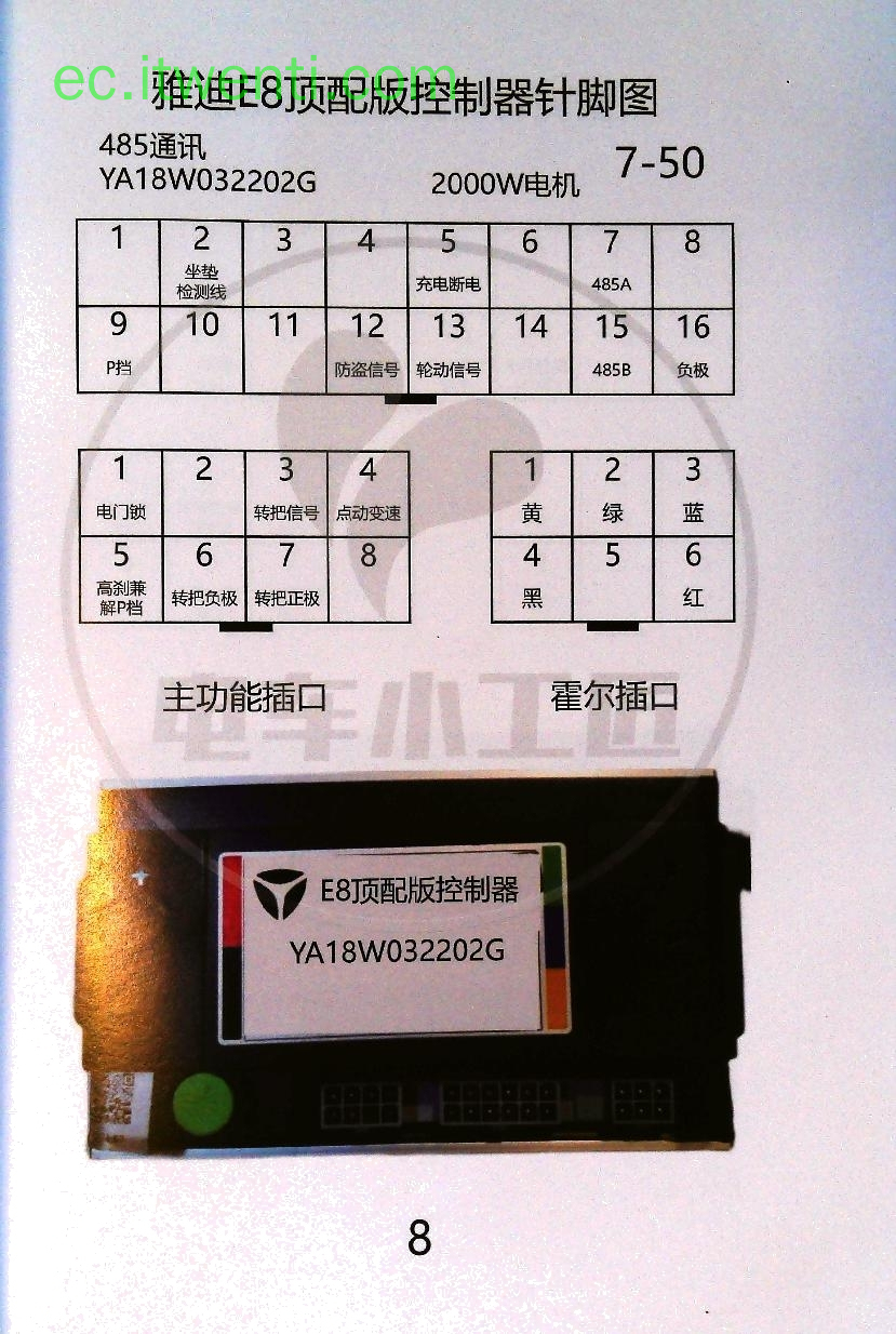 【雅迪】E8 顶配版 / 485 通讯 / YA18W032202G 控制器针脚定义图 | 接线图