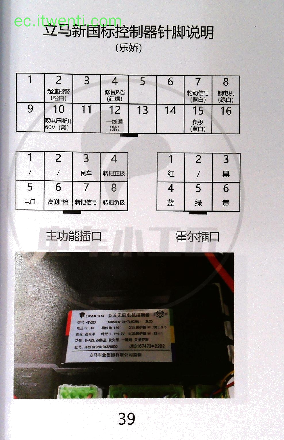 【立马】乐娇 / 48V22A / SL30 控制器针脚定义图 | 接线图