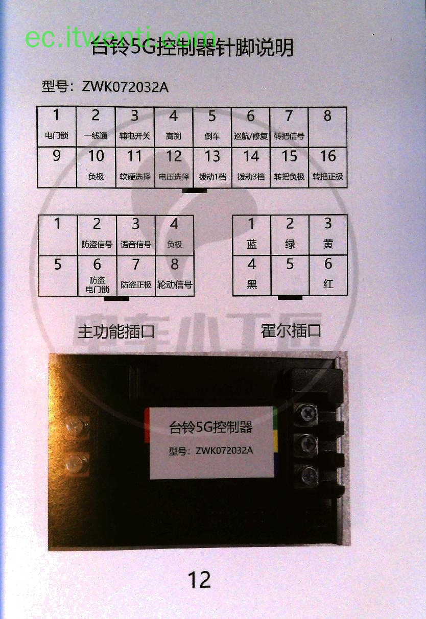 【台铃】台铃 5G 控制器 / ZWK072032A 控制器针脚定义图 | 接线图