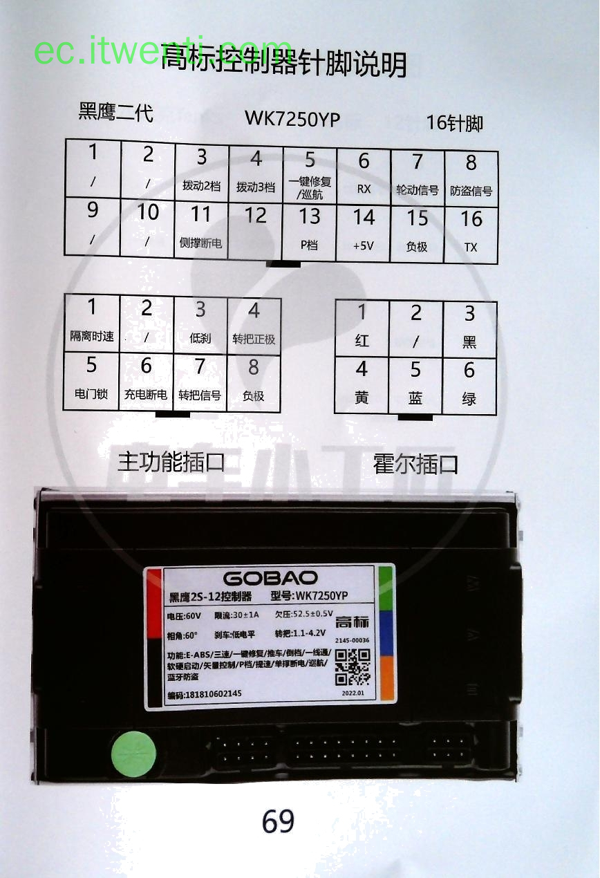 【GOBAO】黑鹰2S-12 / WK7250YP / 高标 控制器针脚定义图 | 接线图