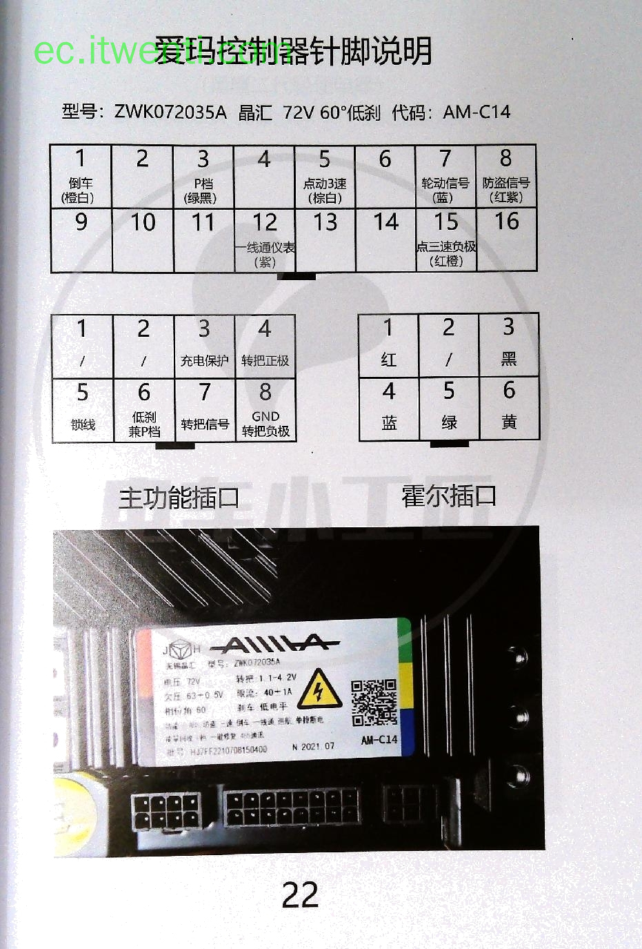 【爱玛】AM-C14 / ZWK072035A / 晶汇 控制器针脚定义图 | 接线图