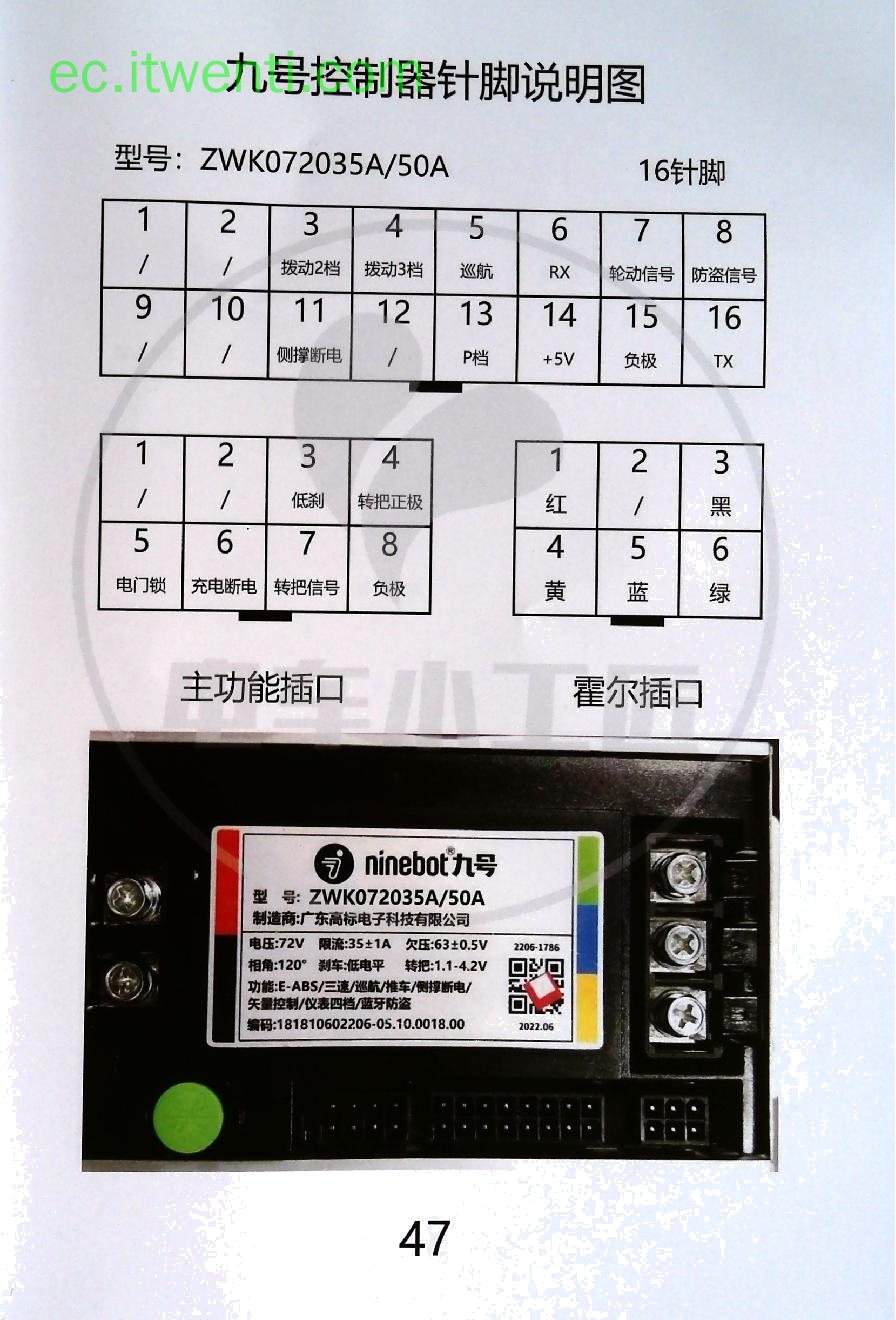 【九号】ZWK072035A/50A 控制器针脚定义图 | 接线图