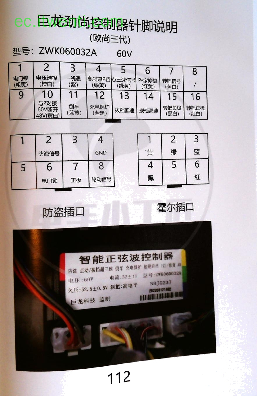 【巨龙】劲尚三代 / ZWK060032A / 60V / NBJG237 控制器针脚定义图 | 接线图
