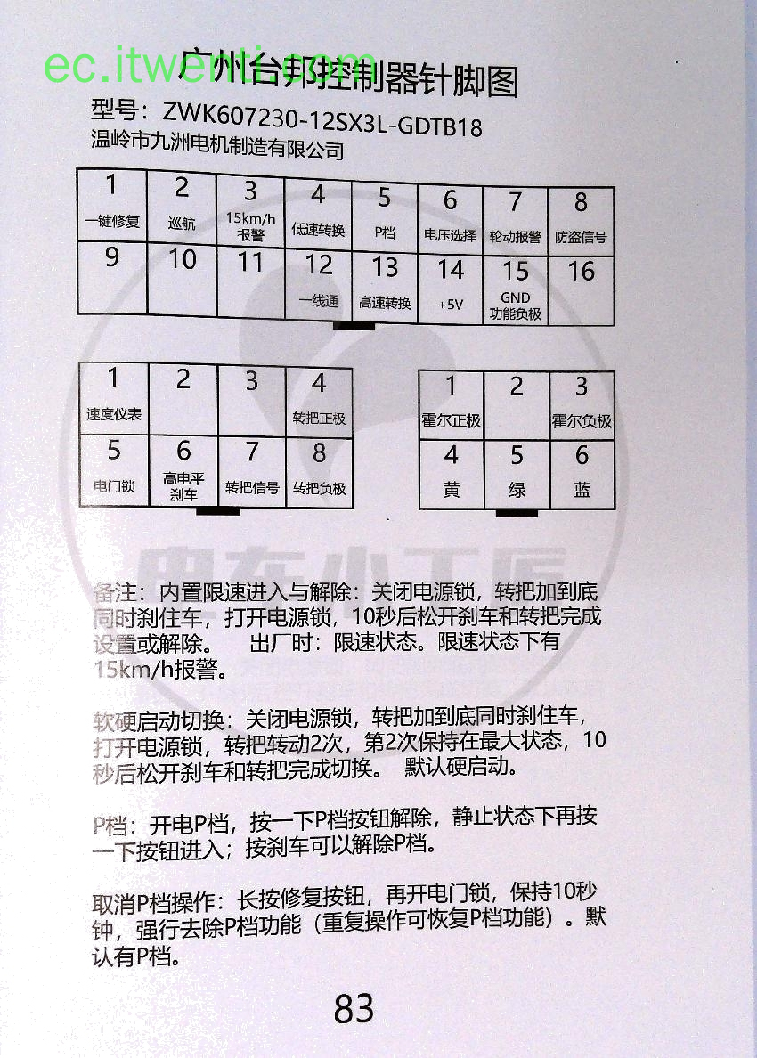 【台邦】ZWK607230-12SX3L-GDTB18 控制器针脚定义图 | 接线图
