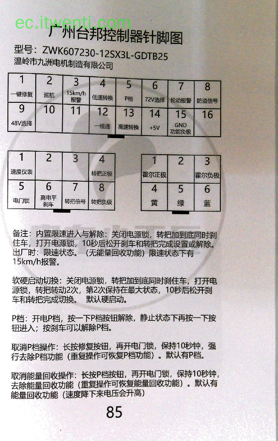 【台邦】ZWK607230-12SX3L-GDTB25 控制器针脚定义图 | 接线图