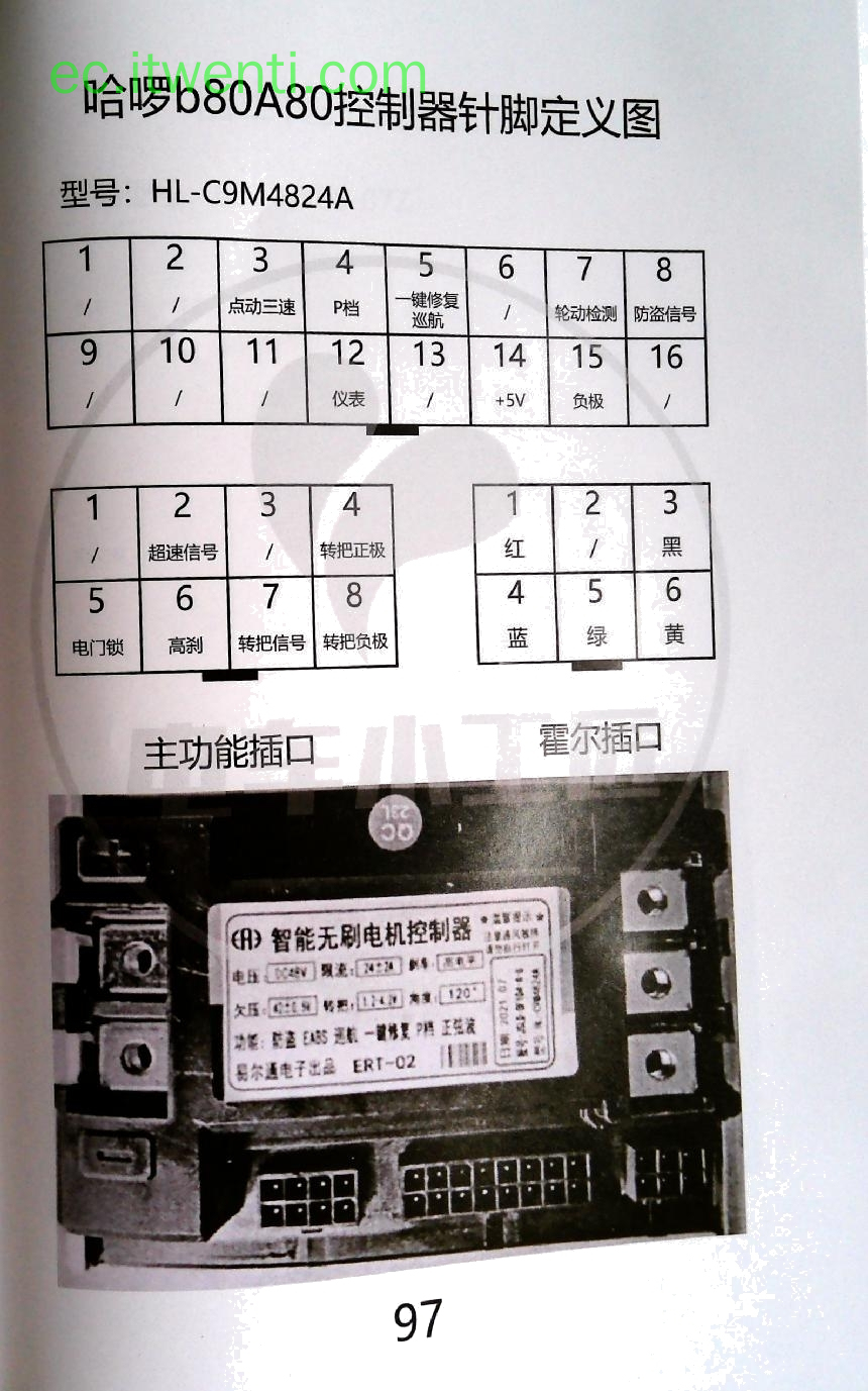 【哈啰】b80a80 / HL-C9M4824A / ERT-02 控制器针脚定义图 | 接线图