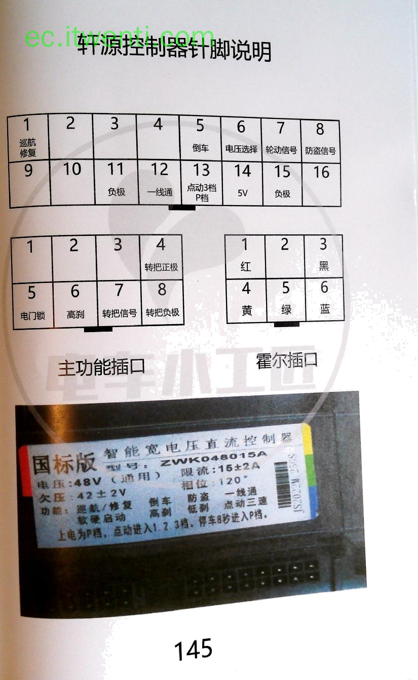 【轩源】国标版 / 智能宽电压 / ZWK048015A 控制器针脚定义图 | 接线图