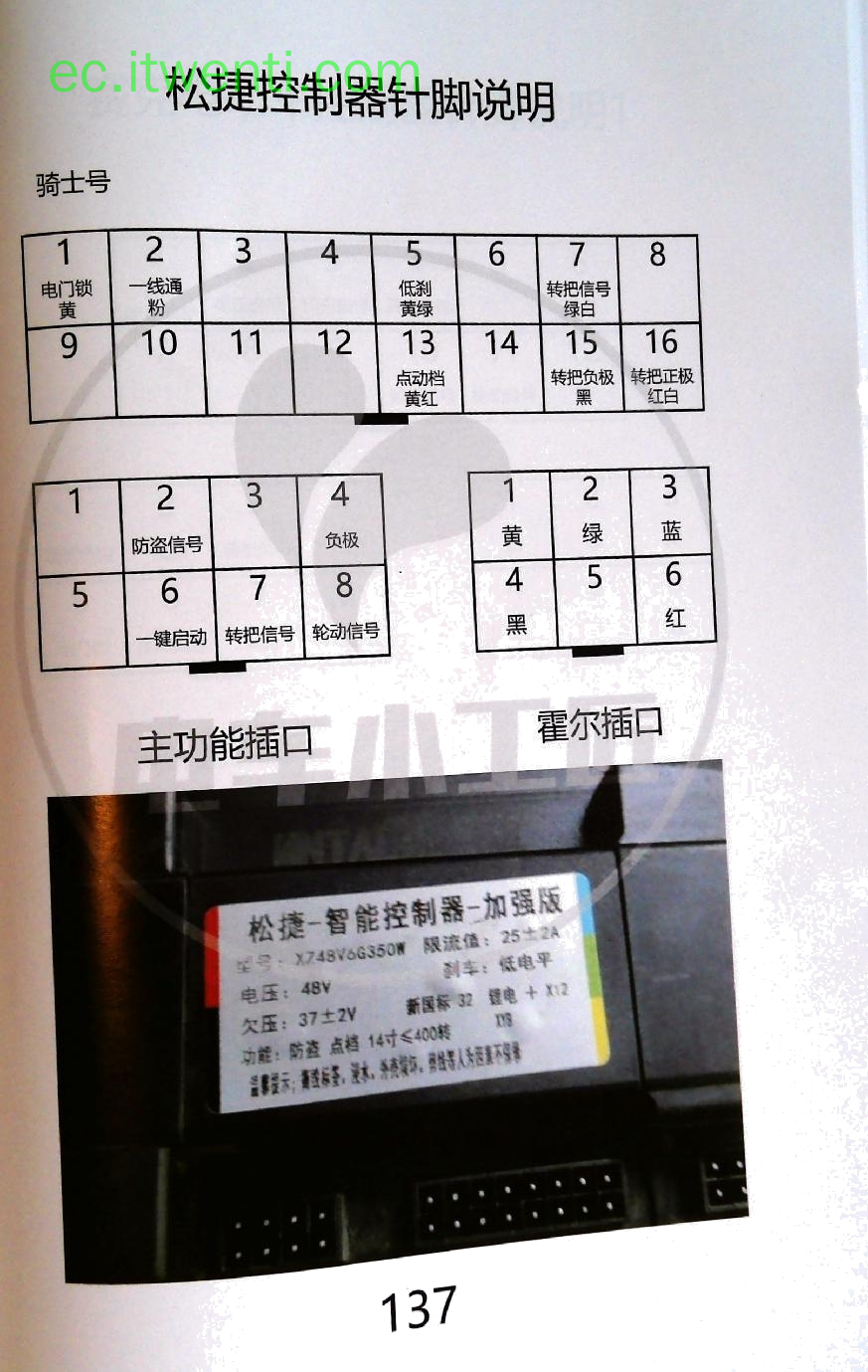 【松捷】XZ48V6G350W / 新国标32 控制器针脚定义图 | 接线图